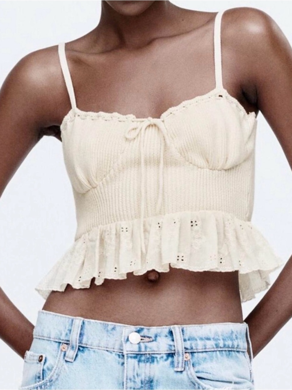 Zara Cream Ruffle-Trim Knit Cropped Camisole